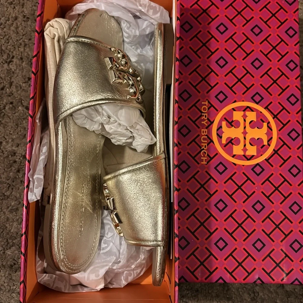 Tory Burch Metallic Gold Slide Sandals